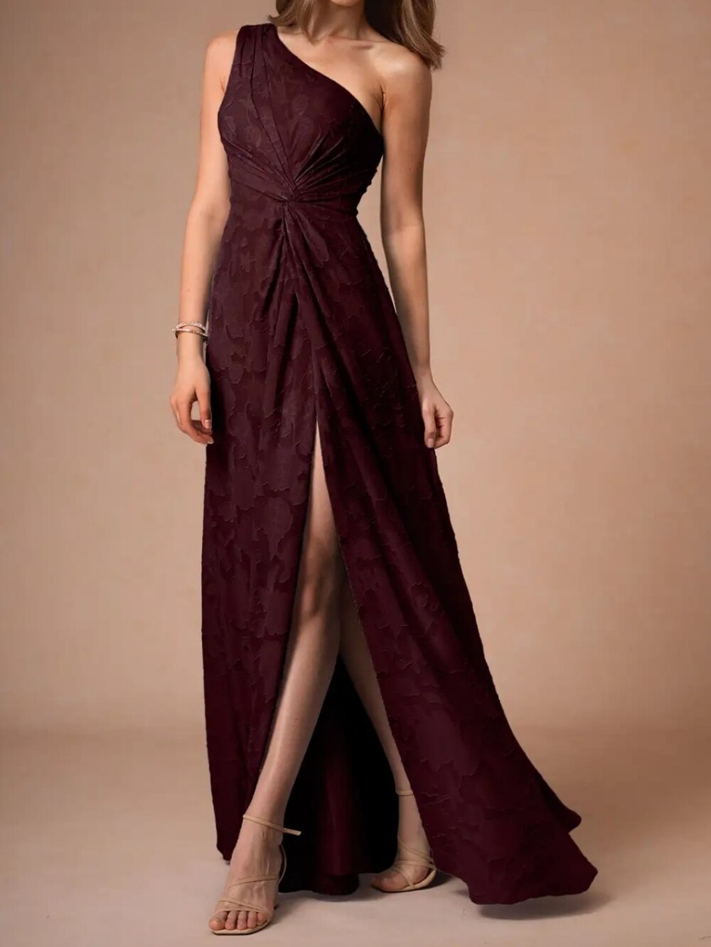 Azazie Atelier Hermosa Wine One Shoulder Maxi Dress 6 Floral Burnout Side Slit - Picture 3 of 14